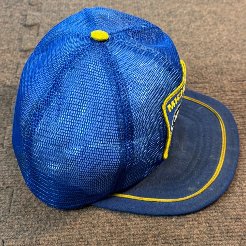 Vintage Michelin Man Trucker Hat Mesh Back Blue Yellow Bibendum Tire Promo Cap